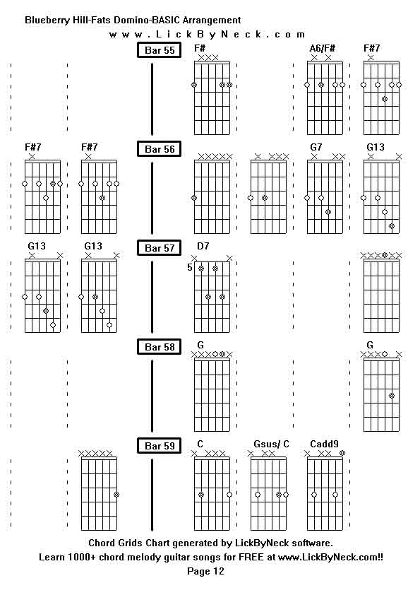 Chord Grids Chart of chord melody fingerstyle guitar song-Blueberry Hill-Fats Domino-BASIC Arrangement,generated by LickByNeck software.